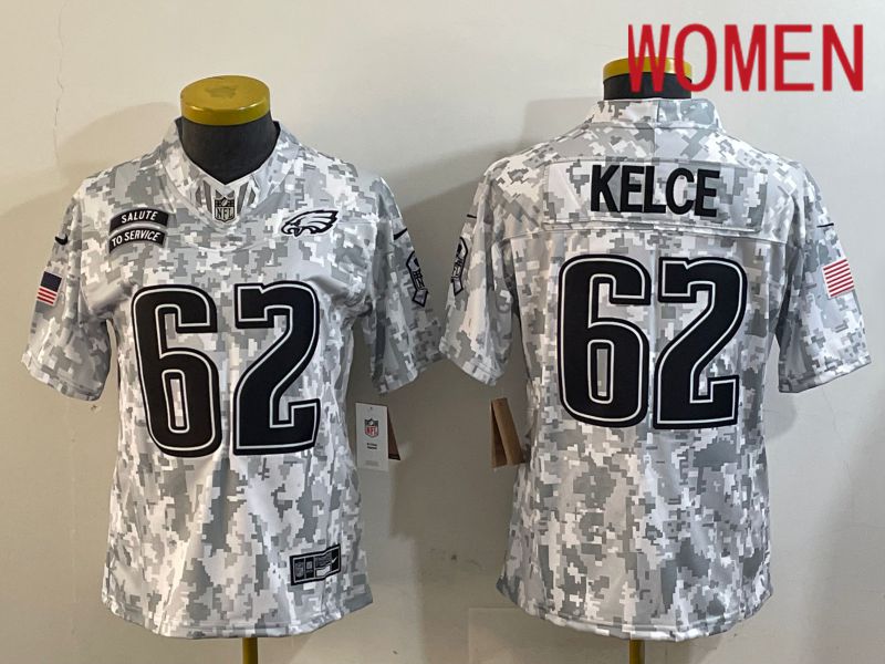 Women Philadelphia Eagles #62 Kelce Nike Arctic Camo 2024 Salute to Service Limited NFL Jersey style 1